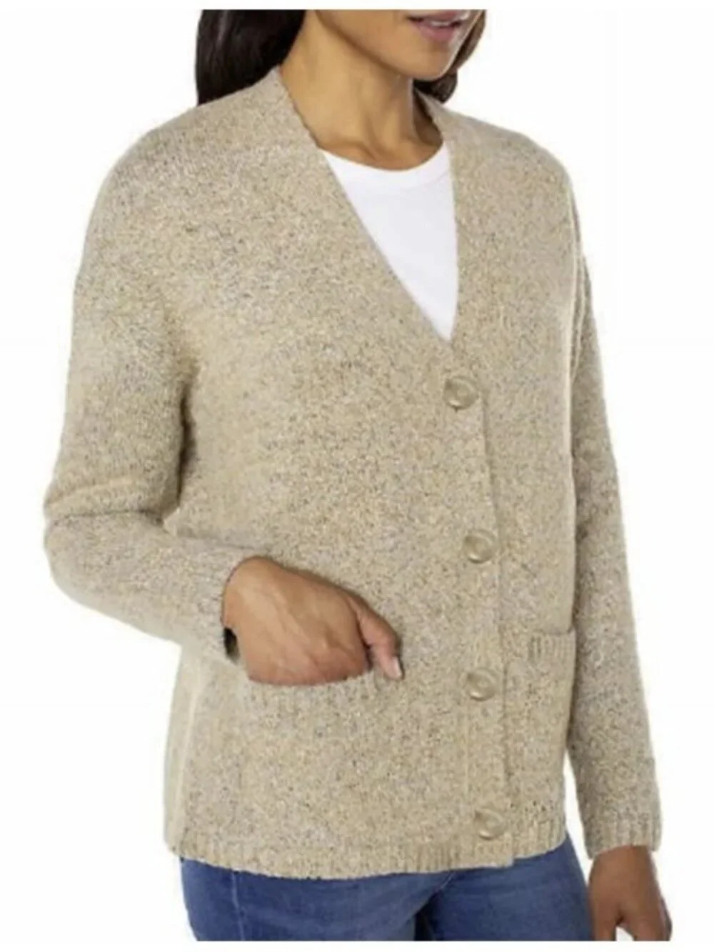 Well Worn Women's New Boyfriend Knit V Neck Button Up Tan Cardigan Sweater XS